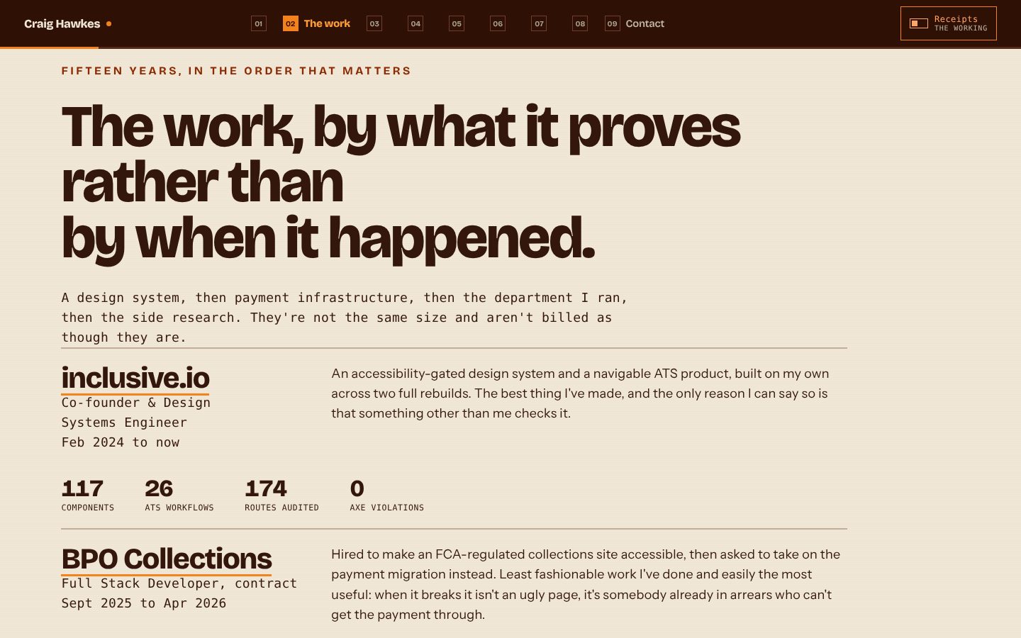 The work section of the live site: a cream page, a headline about what the work proves, and the inclusive.io and BPO Collections entries with their numbers.