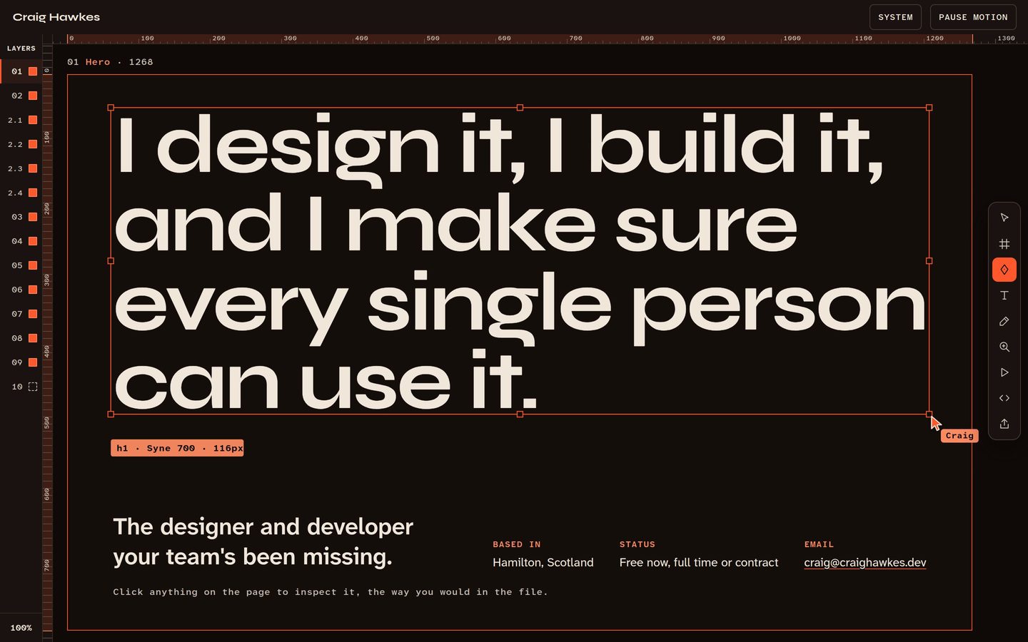 Outline's first screen: a near-black page with a layers panel, rulers, a tool rail and the headline selected with an orange bounding box.