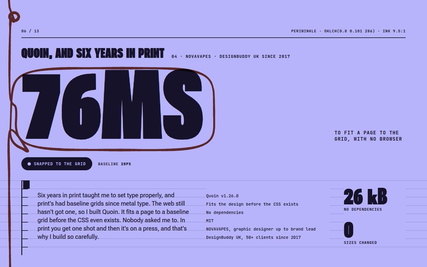 Out Loud's Quoin section: a periwinkle page, the number 76 milliseconds in enormous capitals circled in marker.